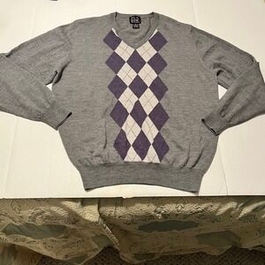 Jos A. Bank mens size medium 100% merino wool sweater gray & purple v-neck soft‎
